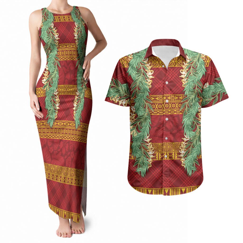 Hawai'i Paniolo Maile Twisted Lei Couples Matching Tank Maxi Dress and Hawaiian Shirt Hilo Royal Red LT7 Red - Polynesian Pride