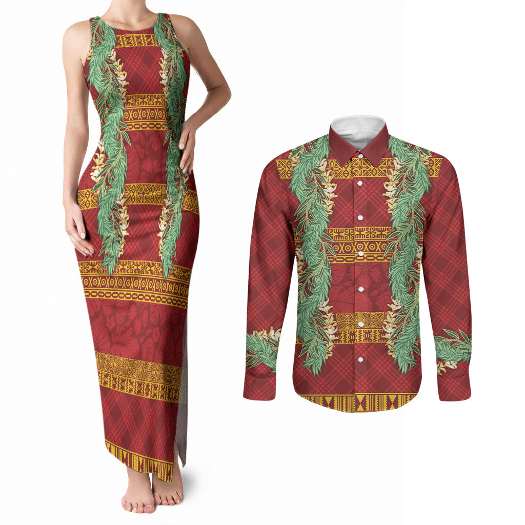 Hawai'i Paniolo Maile Twisted Lei Couples Matching Tank Maxi Dress and Long Sleeve Button Shirt Hilo Royal Red