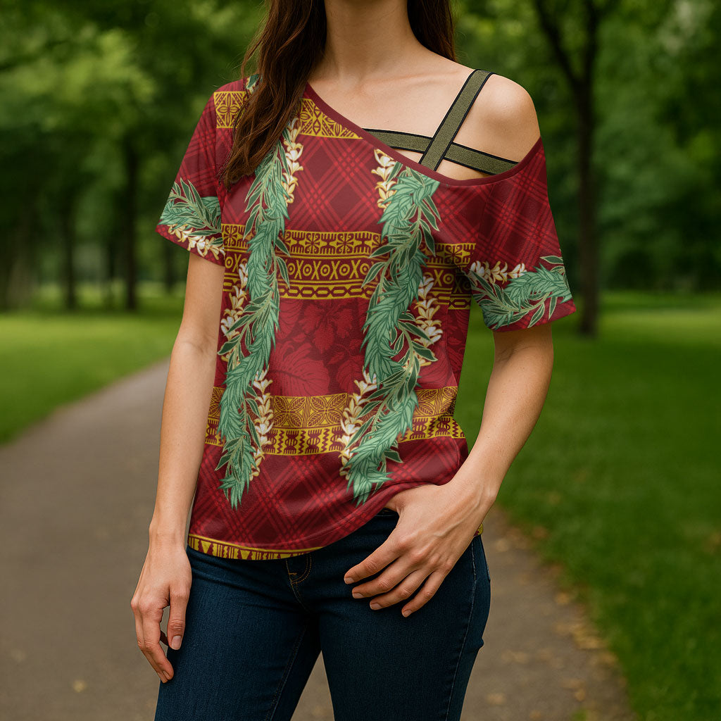 Hawai'i Paniolo Maile Twisted Lei Cross Shoulder Shirt Hilo Royal Red