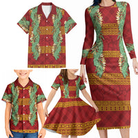 Hawai'i Paniolo Maile Twisted Lei Family Matching Long Sleeve Bodycon Dress and Hawaiian Shirt Hilo Royal Red