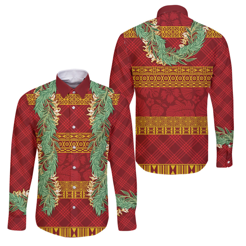 Hawai'i Paniolo Maile Twisted Lei Family Matching Long Sleeve Bodycon Dress and Hawaiian Shirt Hilo Royal Red