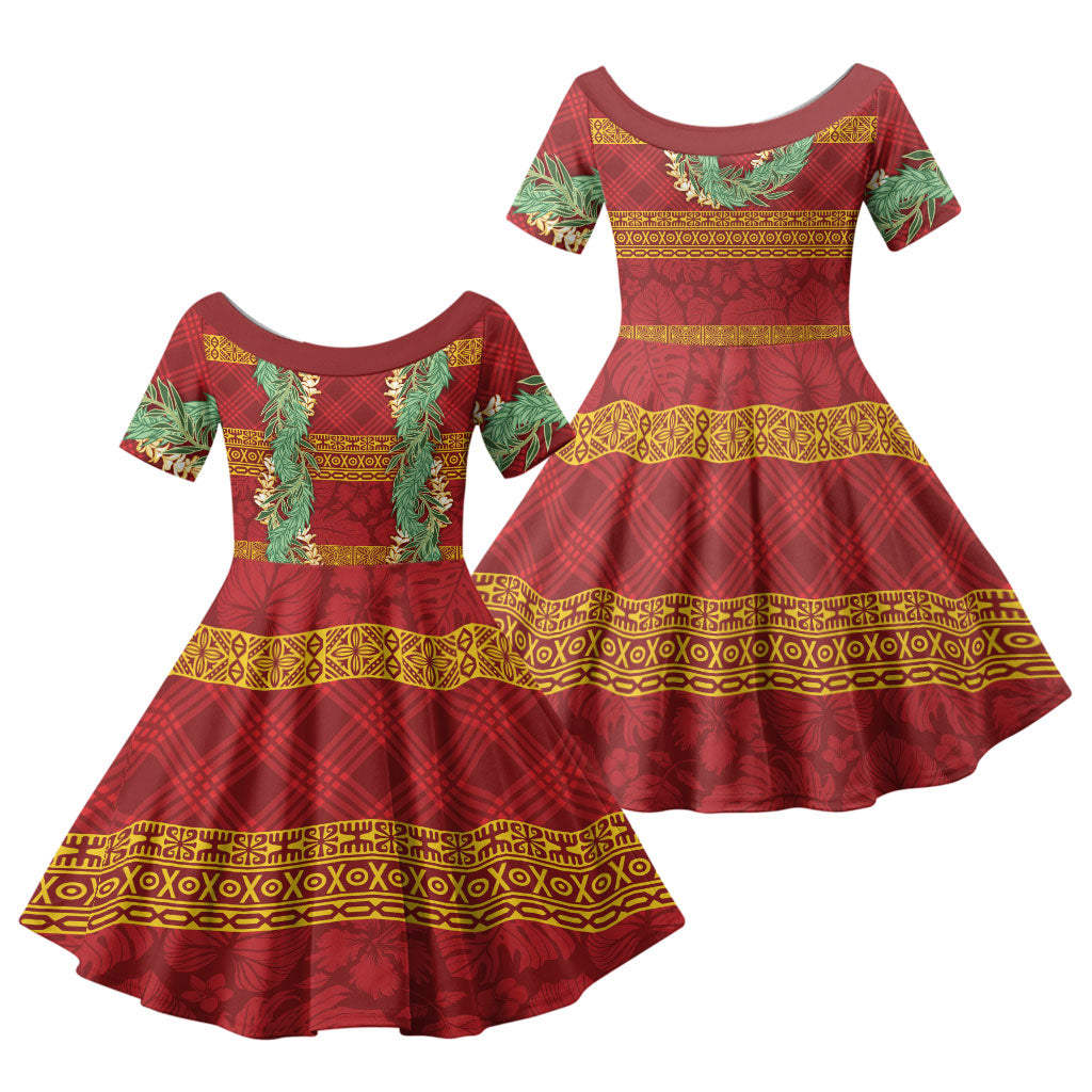 Hawai'i Paniolo Maile Twisted Lei Family Matching Long Sleeve Bodycon Dress and Hawaiian Shirt Hilo Royal Red