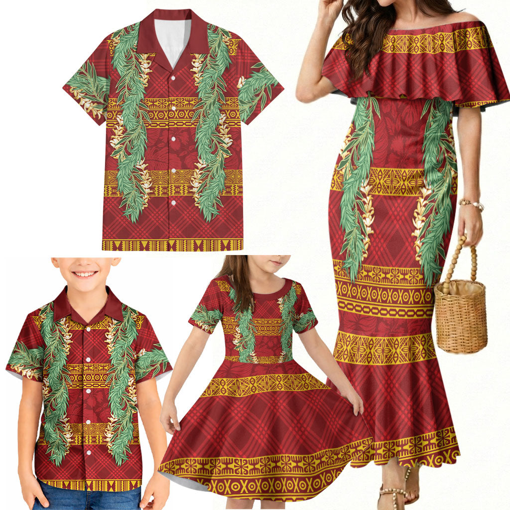 Hawai'i Paniolo Maile Twisted Lei Family Matching Mermaid Dress and Hawaiian Shirt Hilo Royal Red