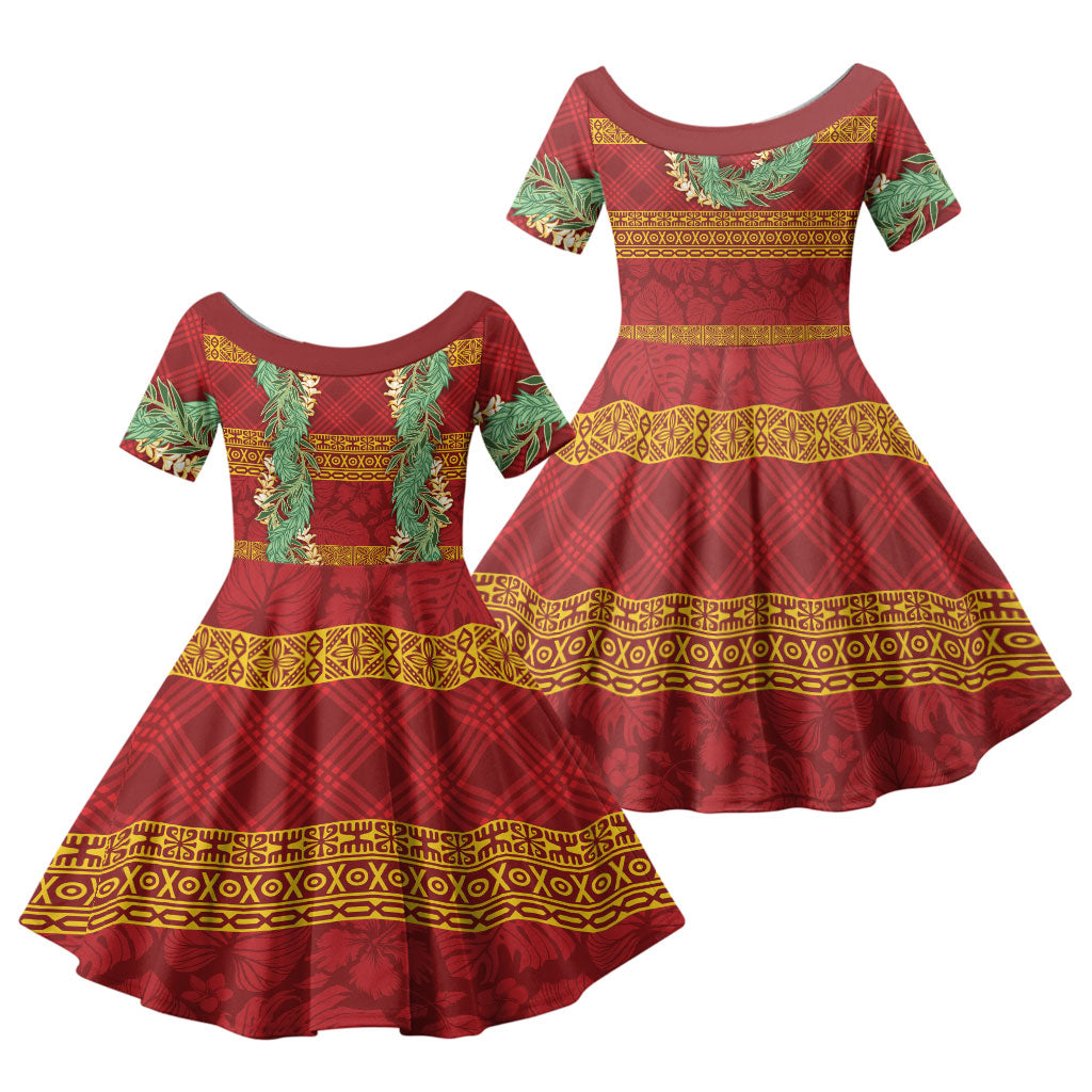 Hawai'i Paniolo Maile Twisted Lei Family Matching Mermaid Dress and Hawaiian Shirt Hilo Royal Red