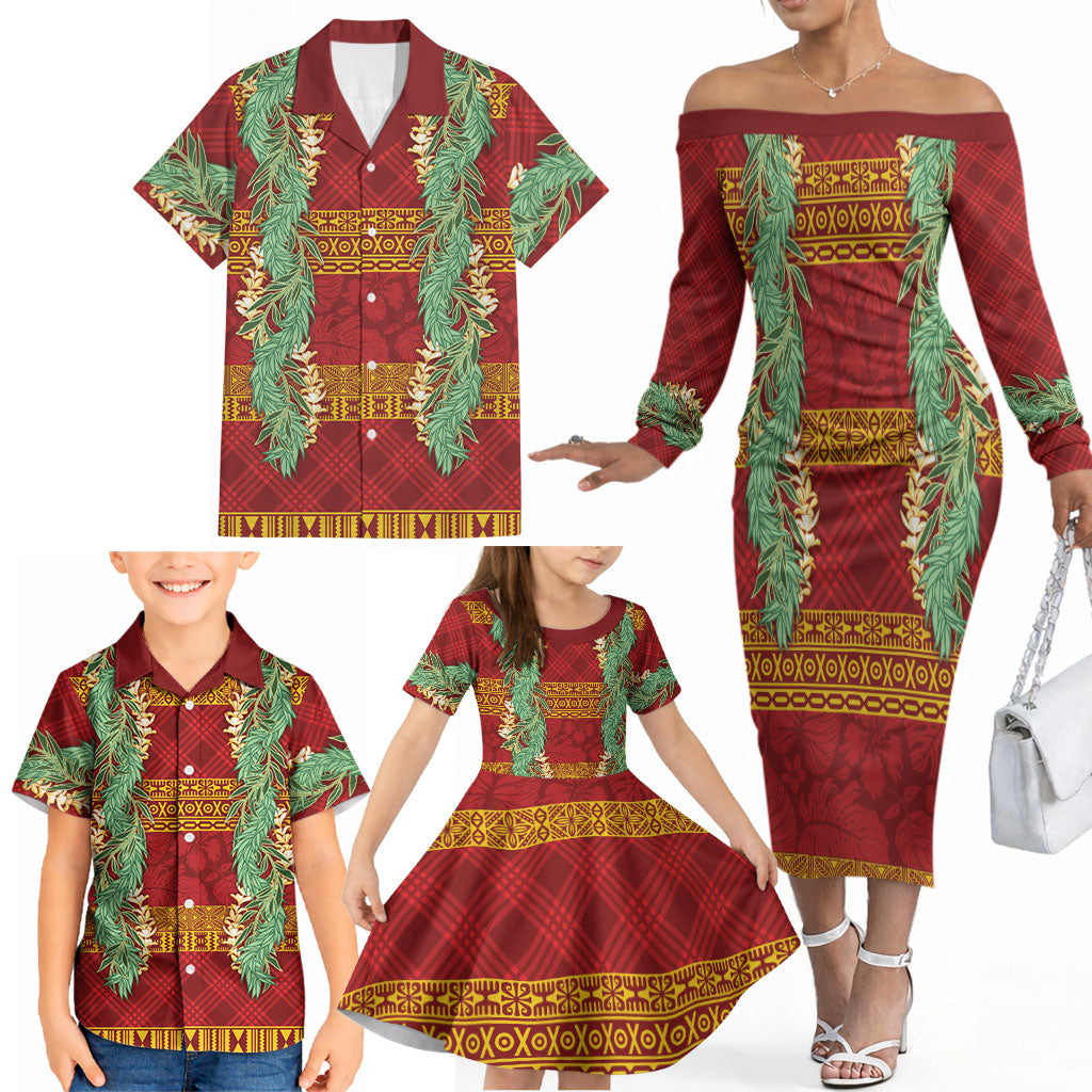 Hawai'i Paniolo Maile Twisted Lei Family Matching Off The Shoulder Long Sleeve Dress and Hawaiian Shirt Hilo Royal Red