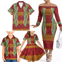 Hawai'i Paniolo Maile Twisted Lei Family Matching Off The Shoulder Long Sleeve Dress and Hawaiian Shirt Hilo Royal Red
