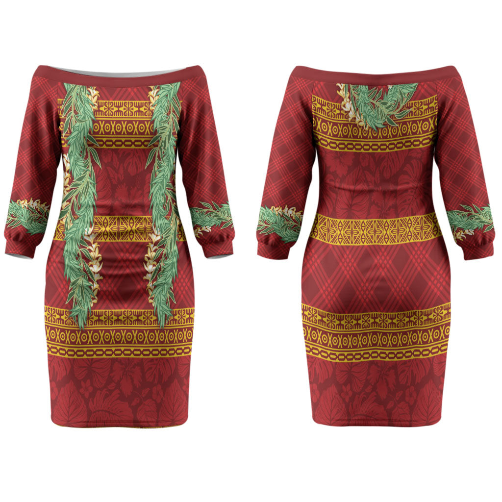 Hawai'i Paniolo Maile Twisted Lei Family Matching Off The Shoulder Long Sleeve Dress and Hawaiian Shirt Hilo Royal Red