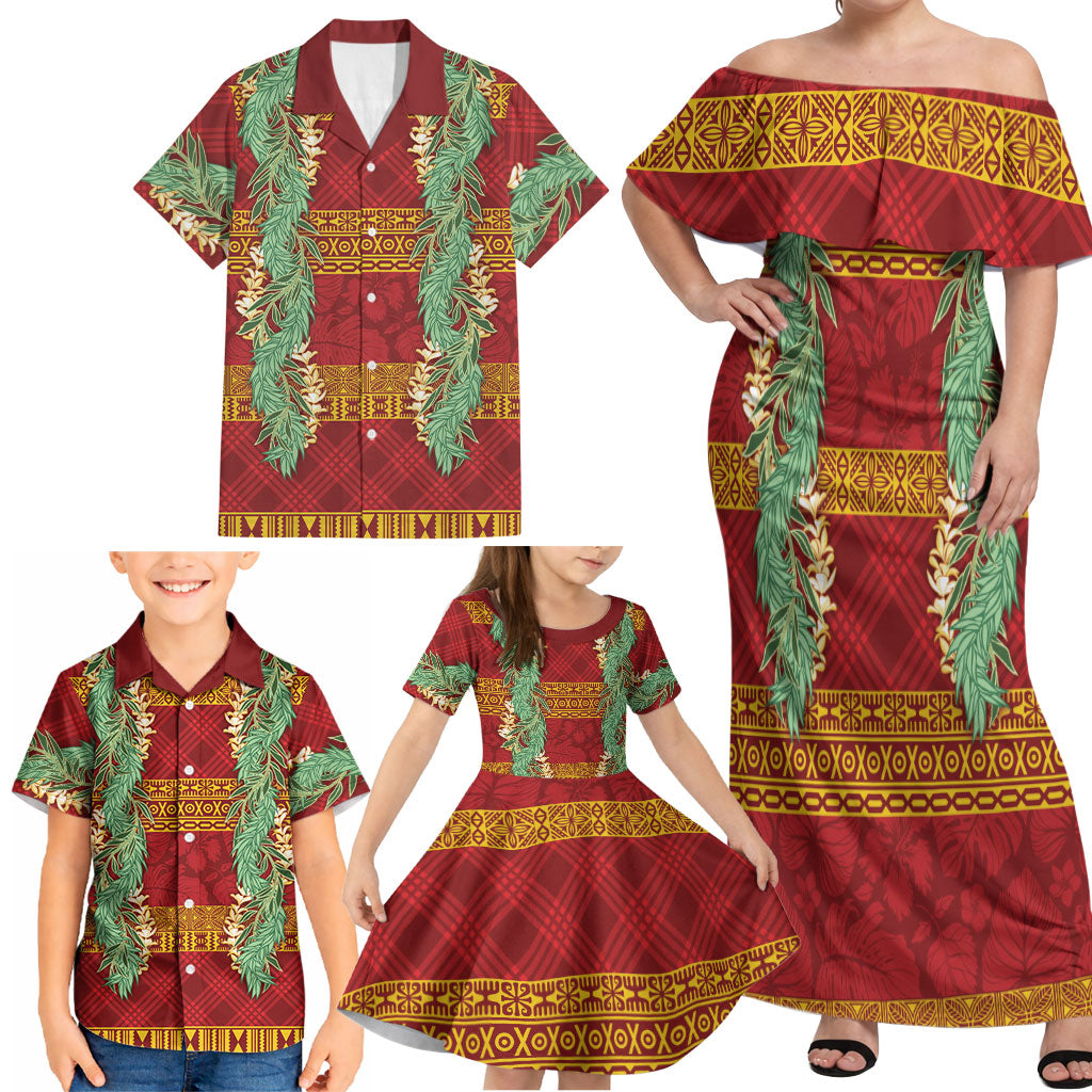 Hawai'i Paniolo Maile Twisted Lei Family Matching Off Shoulder Maxi Dress and Hawaiian Shirt Hilo Royal Red
