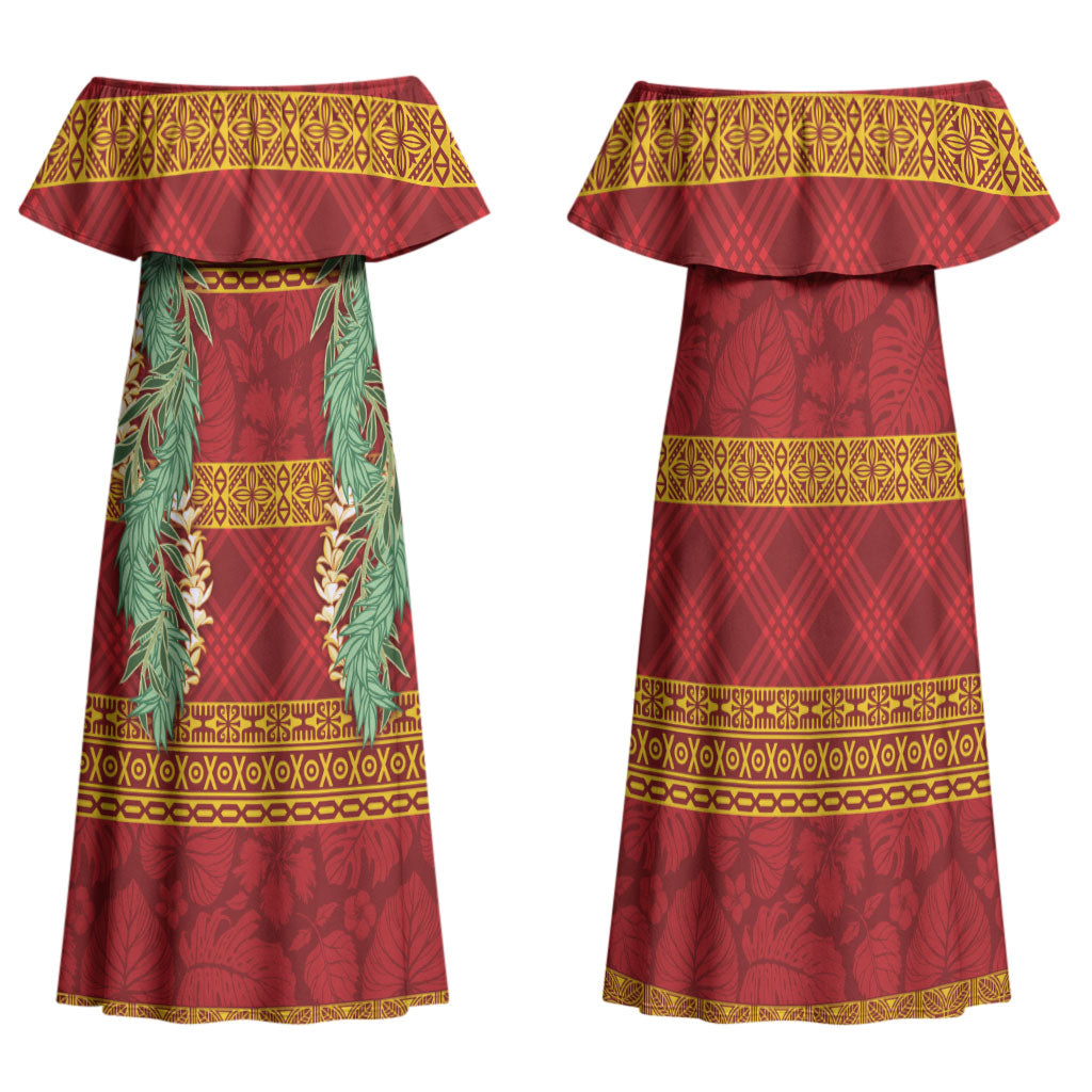 Hawai'i Paniolo Maile Twisted Lei Family Matching Off Shoulder Maxi Dress and Hawaiian Shirt Hilo Royal Red