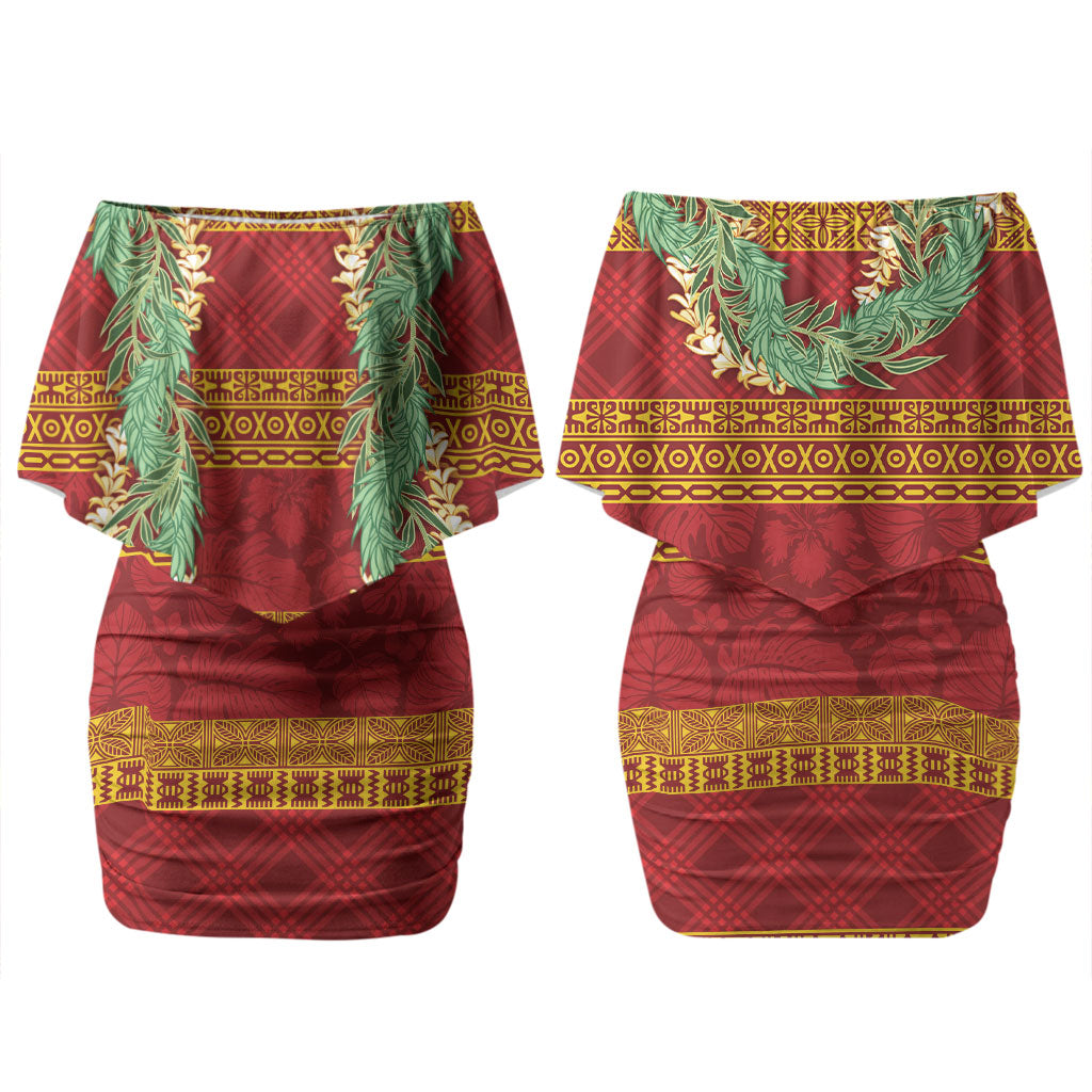 Hawai'i Paniolo Maile Twisted Lei Family Matching Off Shoulder Short Dress and Hawaiian Shirt Hilo Royal Red