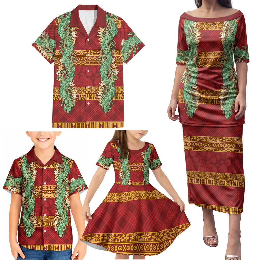 Hawai'i Paniolo Maile Twisted Lei Family Matching Puletasi and Hawaiian Shirt Hilo Royal Red