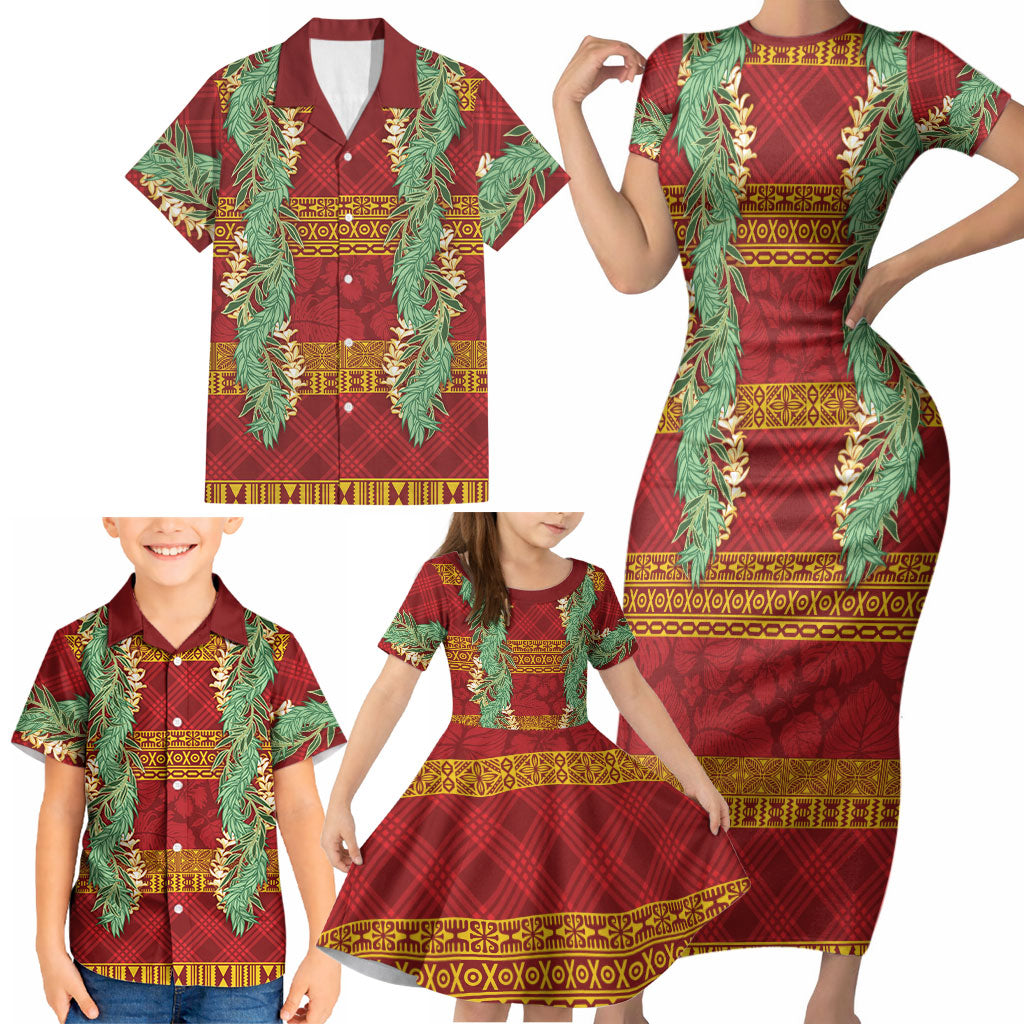 Hawai'i Paniolo Maile Twisted Lei Family Matching Short Sleeve Bodycon Dress and Hawaiian Shirt Hilo Royal Red LT7 - Polynesian Pride