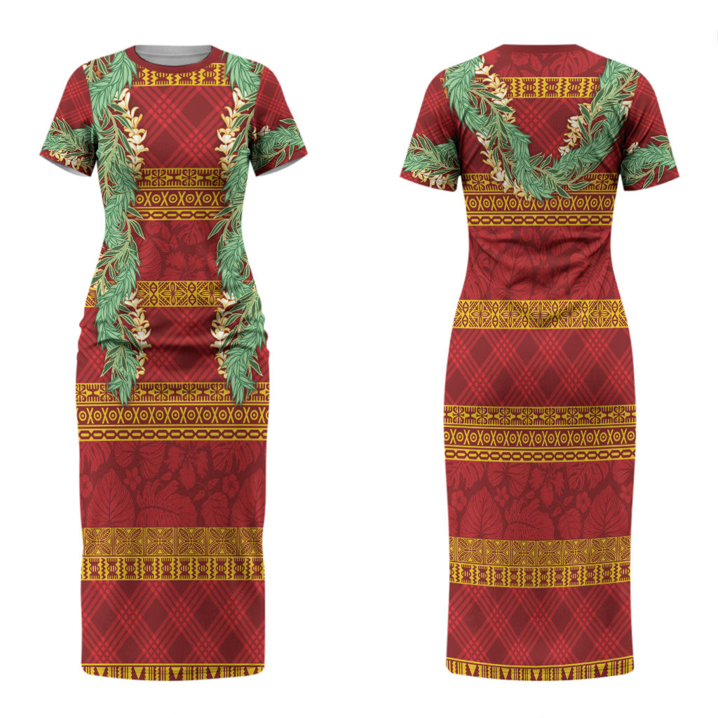 Hawai'i Paniolo Maile Twisted Lei Family Matching Short Sleeve Bodycon Dress and Hawaiian Shirt Hilo Royal Red