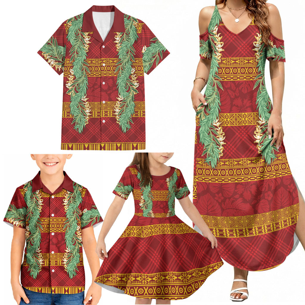 Hawai'i Paniolo Maile Twisted Lei Family Matching Summer Maxi Dress and Hawaiian Shirt Hilo Royal Red