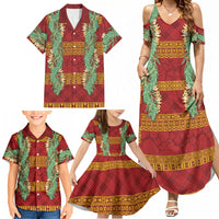 Hawai'i Paniolo Maile Twisted Lei Family Matching Summer Maxi Dress and Hawaiian Shirt Hilo Royal Red