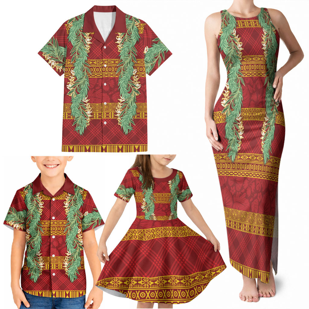 Hawai'i Paniolo Maile Twisted Lei Family Matching Tank Maxi Dress and Hawaiian Shirt Hilo Royal Red