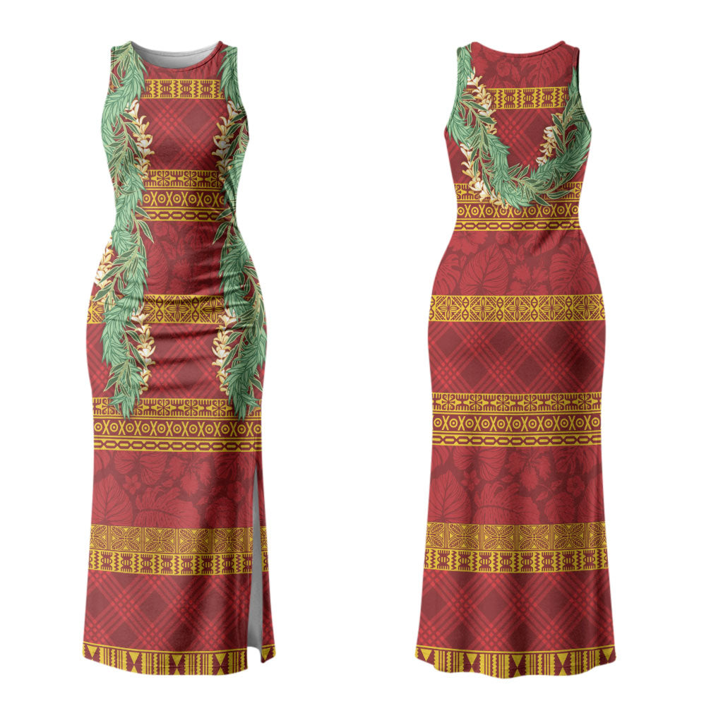 Hawai'i Paniolo Maile Twisted Lei Family Matching Tank Maxi Dress and Hawaiian Shirt Hilo Royal Red