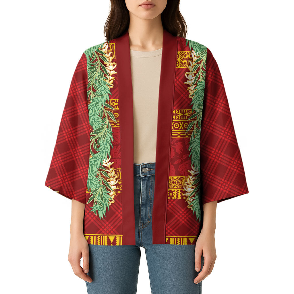 Hawai'i Paniolo Maile Twisted Lei Kimono Hilo Royal Red