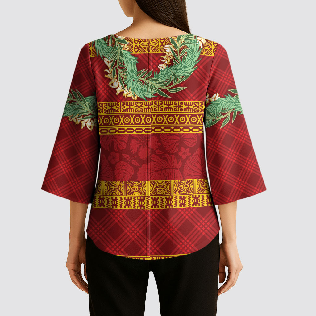 Hawai'i Paniolo Maile Twisted Lei Kimono Sleeve Blouse Hilo Royal Red