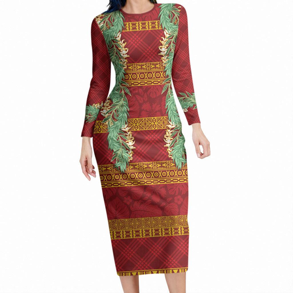 Hawai'i Paniolo Maile Twisted Lei Long Sleeve Bodycon Dress Hilo Royal Red