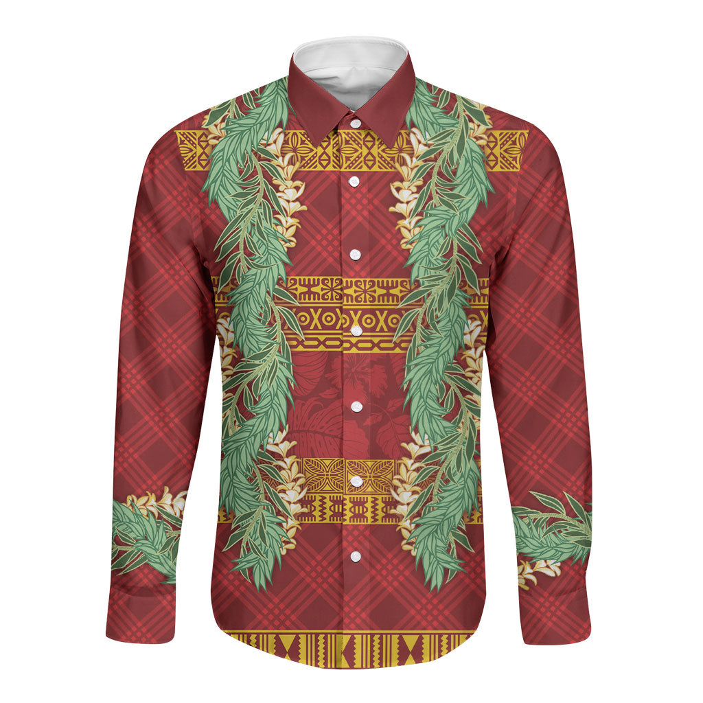Hawai'i Paniolo Maile Twisted Lei Long Sleeve Button Shirt Hilo Royal Red LT7 Unisex Red - Polynesian Pride