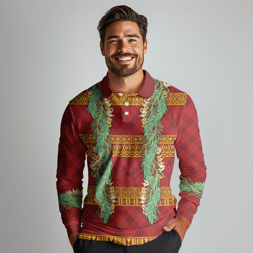 Hawai'i Paniolo Maile Twisted Lei Long Sleeve Polo Shirt Hilo Royal Red