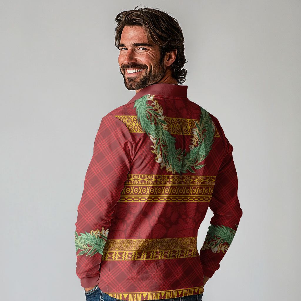 Hawai'i Paniolo Maile Twisted Lei Long Sleeve Polo Shirt Hilo Royal Red