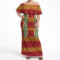 Hawai'i Paniolo Maile Twisted Lei Off Shoulder Maxi Dress Hilo Royal Red