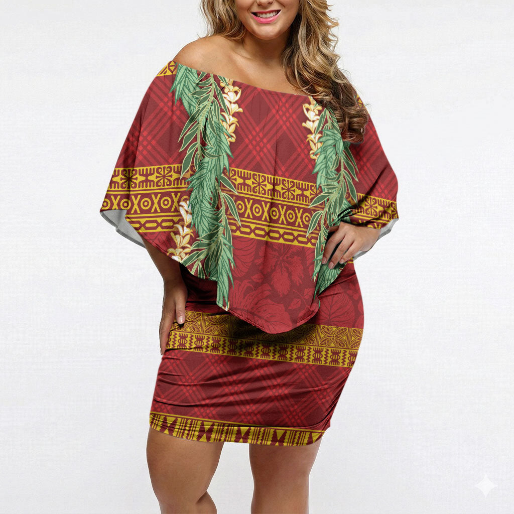Hawai'i Paniolo Maile Twisted Lei Off Shoulder Short Dress Hilo Royal Red
