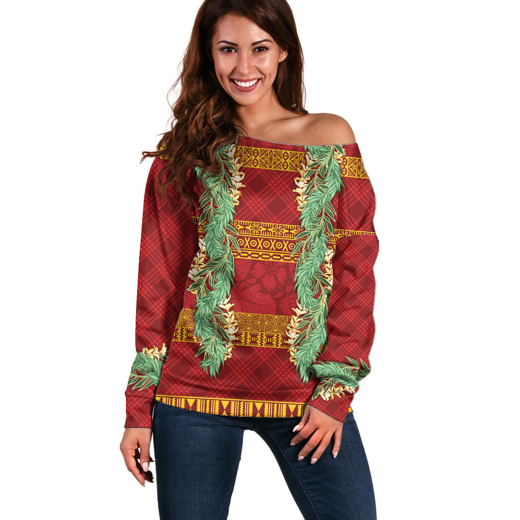 Hawai'i Paniolo Maile Twisted Lei Off Shoulder Sweater Hilo Royal Red LT7 Women Red - Polynesian Pride