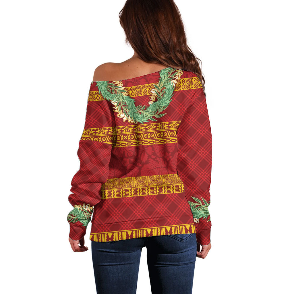 Hawai'i Paniolo Maile Twisted Lei Off Shoulder Sweater Hilo Royal Red LT7 - Polynesian Pride