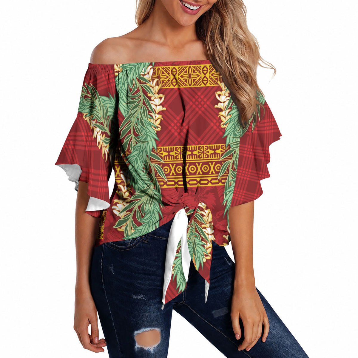 Hawai'i Paniolo Maile Twisted Lei Off Shoulder Wrap Waist Top Hilo Royal Red