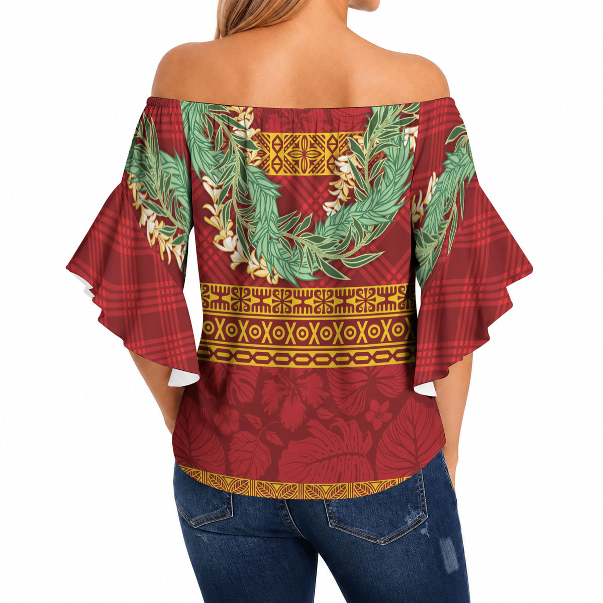 Hawai'i Paniolo Maile Twisted Lei Off Shoulder Wrap Waist Top Hilo Royal Red