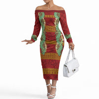 Hawai'i Paniolo Maile Twisted Lei Off The Shoulder Long Sleeve Dress Hilo Royal Red