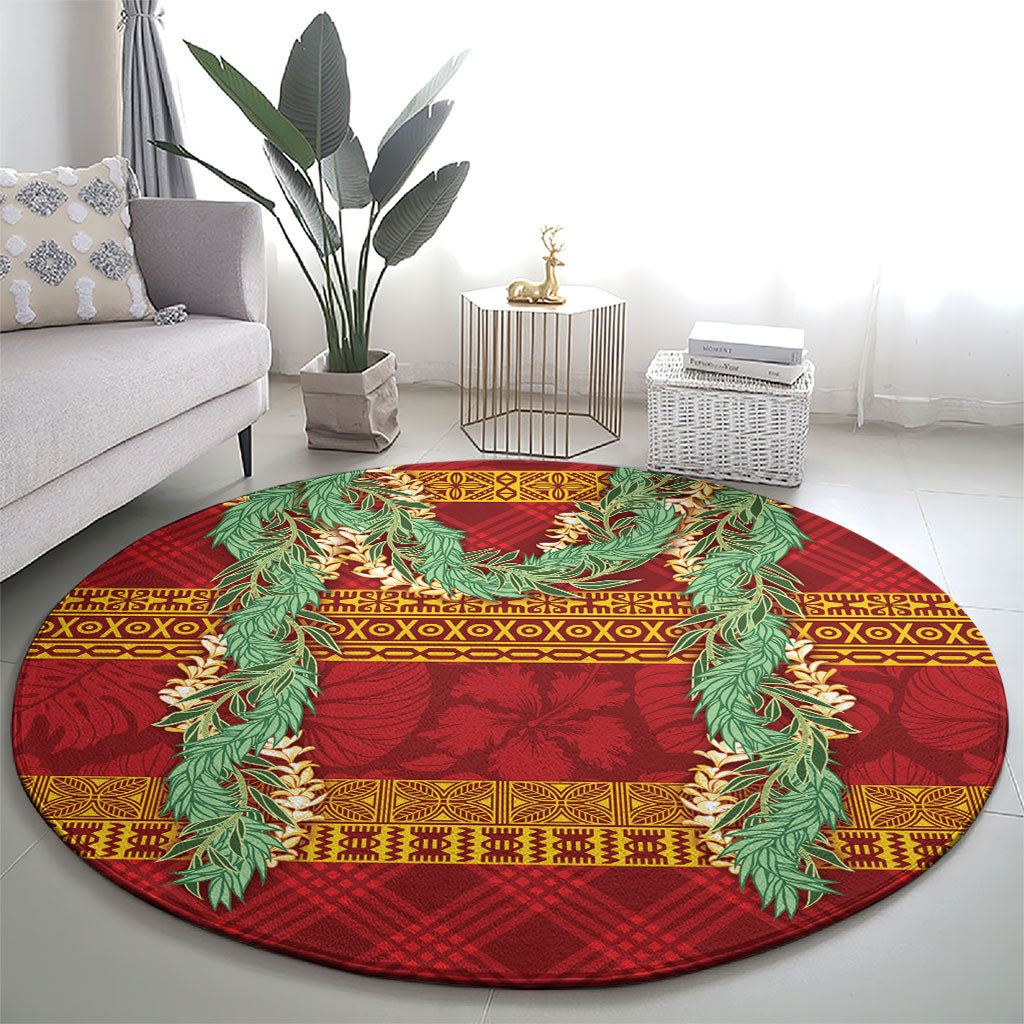 Hawai'i Paniolo Maile Twisted Lei Round Carpet Hilo Royal Red