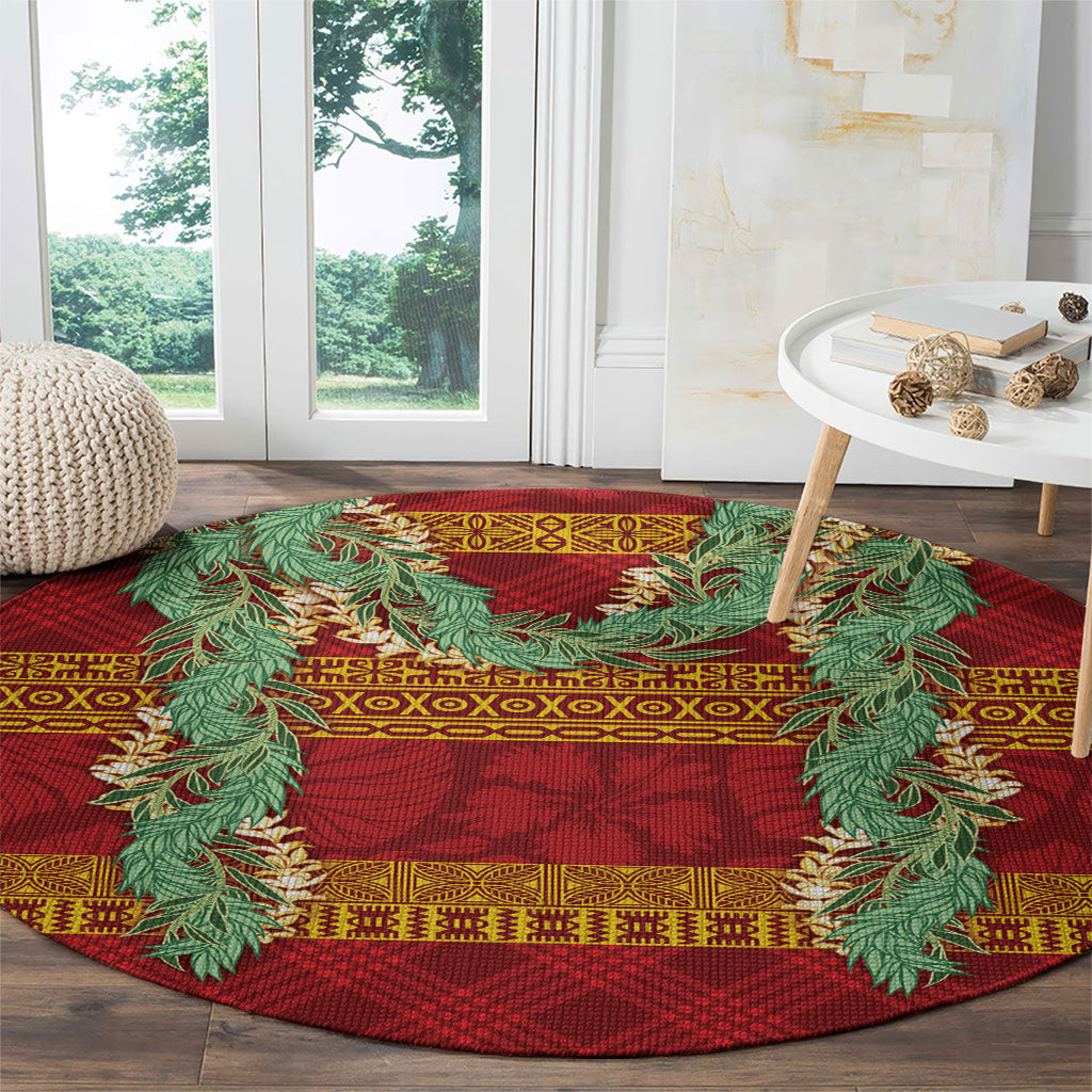 Hawai'i Paniolo Maile Twisted Lei Round Carpet Hilo Royal Red