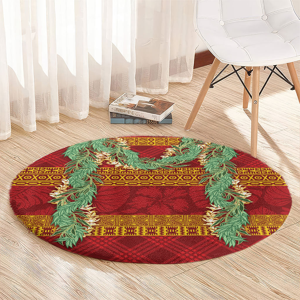 Hawai'i Paniolo Maile Twisted Lei Round Carpet Hilo Royal Red