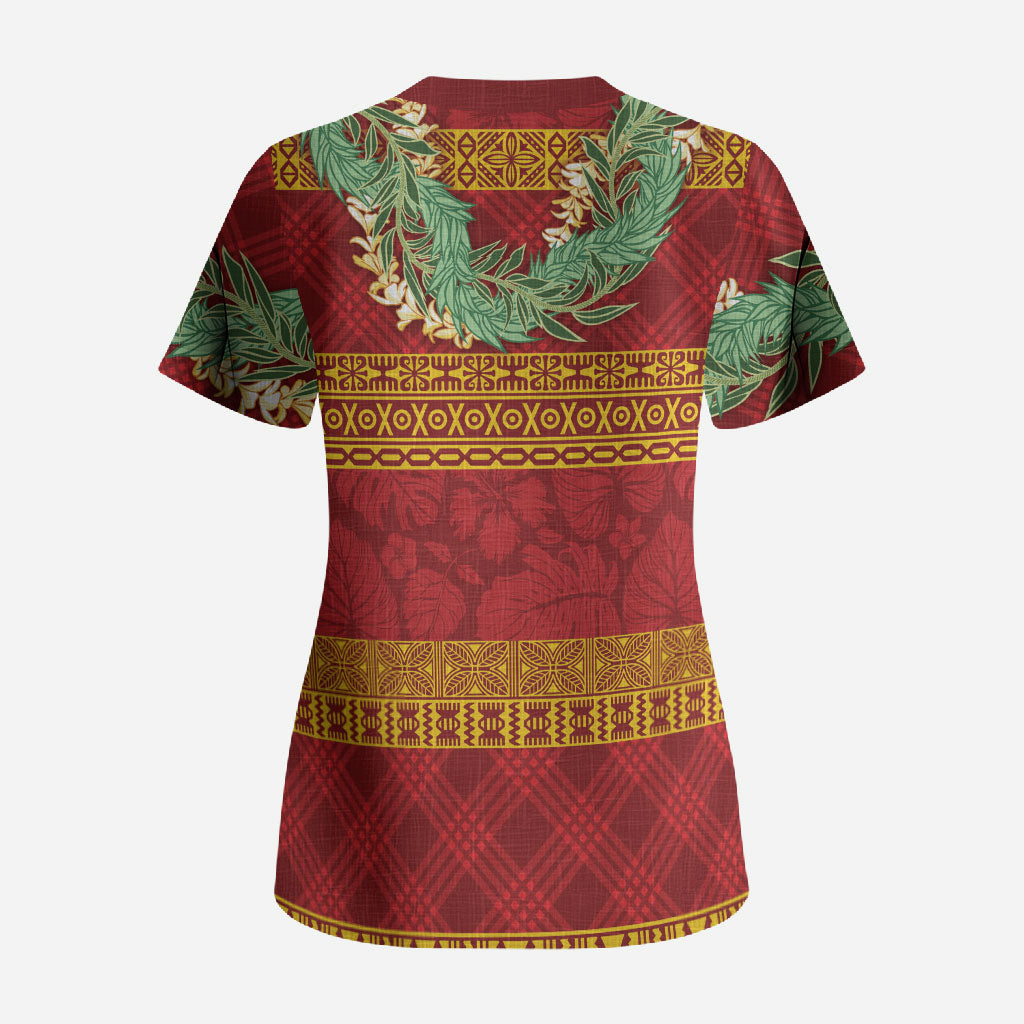 Hawai'i Paniolo Maile Twisted Lei Scrub Top Hilo Royal Red