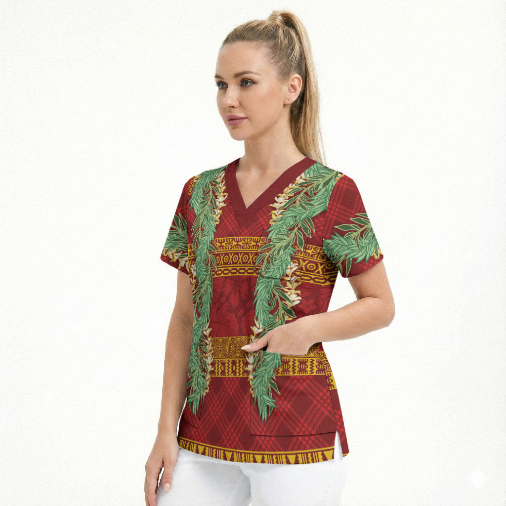 Hawai'i Paniolo Maile Twisted Lei Scrub Top Hilo Royal Red