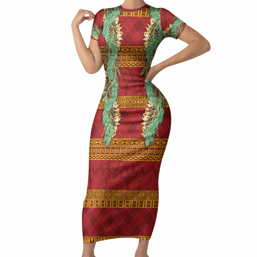 Hawai'i Paniolo Maile Twisted Lei Short Sleeve Bodycon Dress Hilo Royal Red