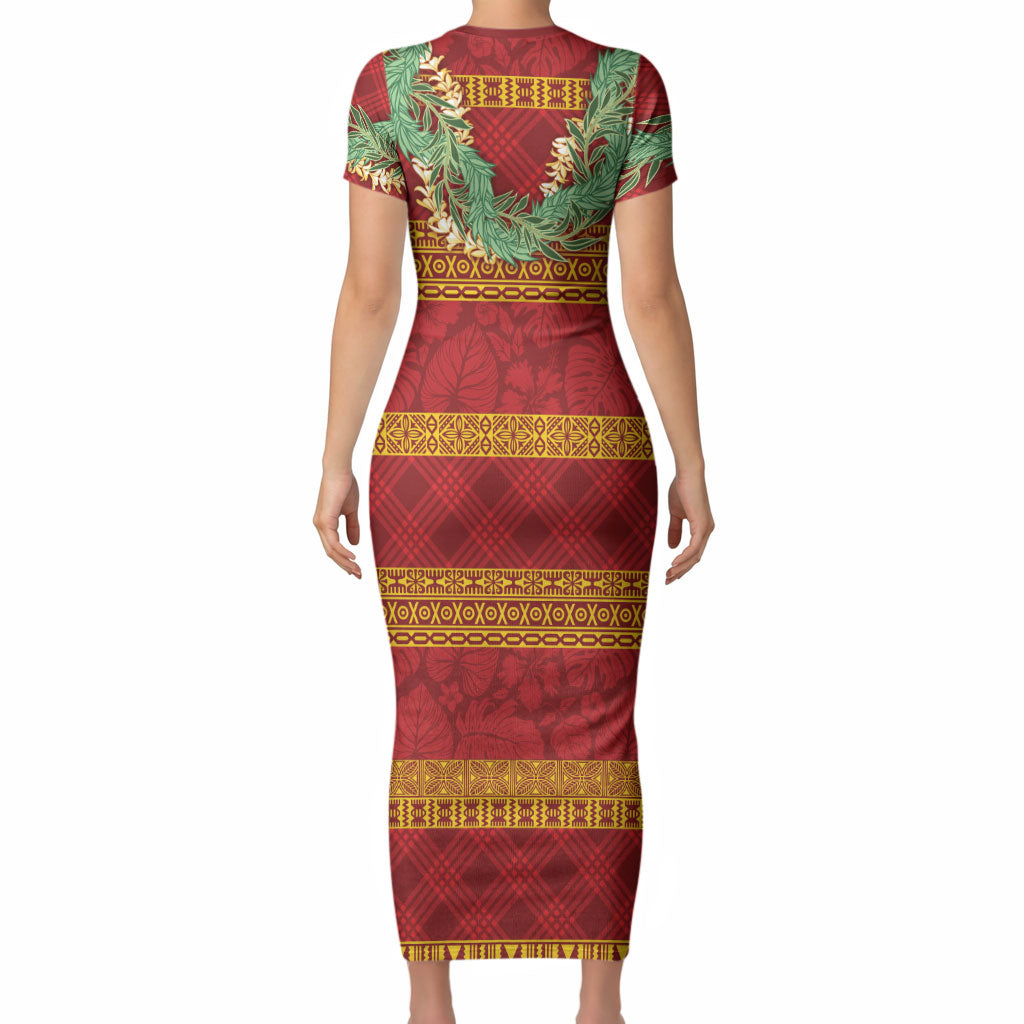 Hawai'i Paniolo Maile Twisted Lei Short Sleeve Bodycon Dress Hilo Royal Red