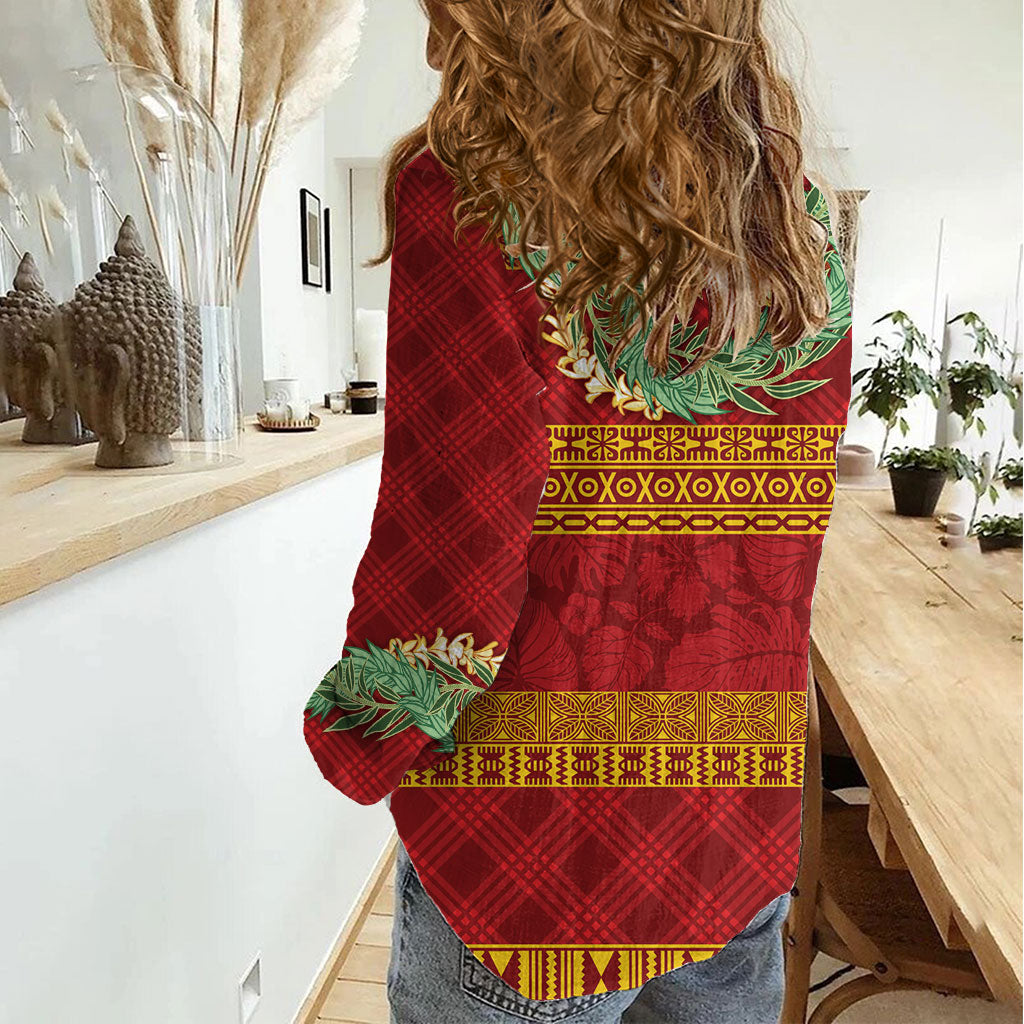 Hawai'i Paniolo Maile Twisted Lei Women Casual Shirt Hilo Royal Red