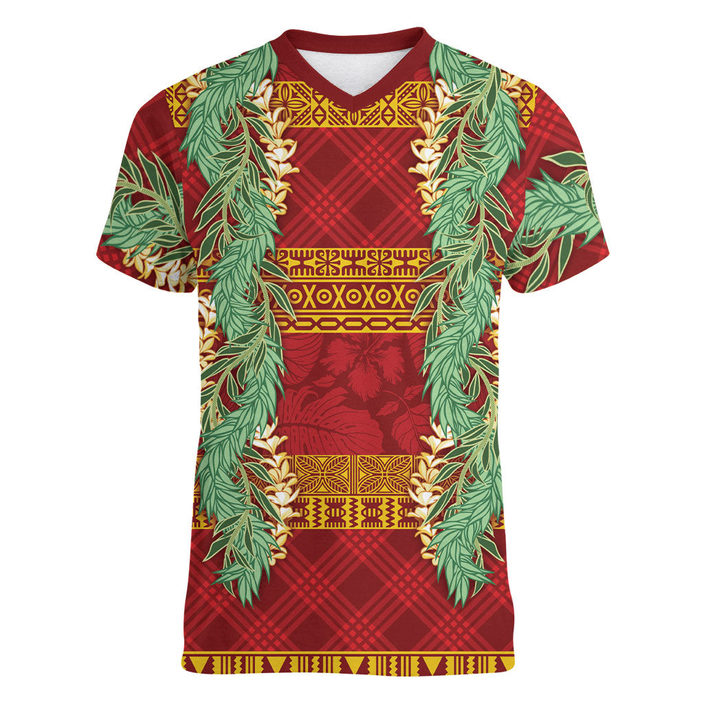 Hawai'i Paniolo Maile Twisted Lei Women V-Neck T-Shirt Hilo Royal Red LT7 Female Red - Polynesian Pride