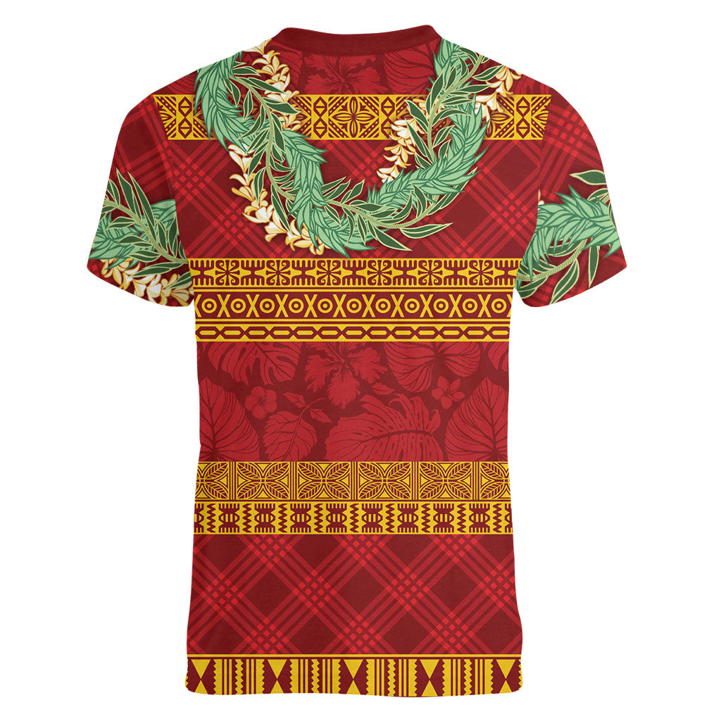 Hawai'i Paniolo Maile Twisted Lei Women V-Neck T-Shirt Hilo Royal Red