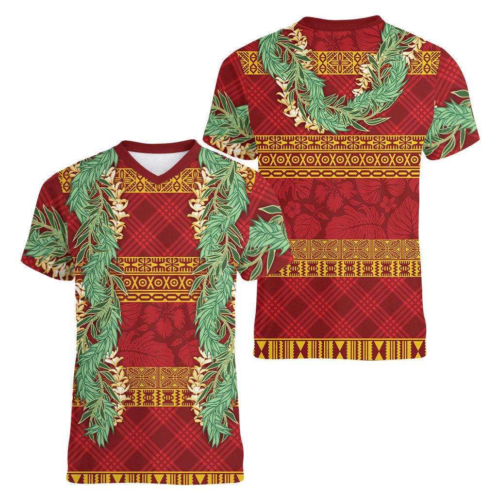 Hawai'i Paniolo Maile Twisted Lei Women V-Neck T-Shirt Hilo Royal Red
