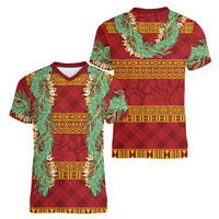Hawai'i Paniolo Maile Twisted Lei Women V-Neck T-Shirt Hilo Royal Red