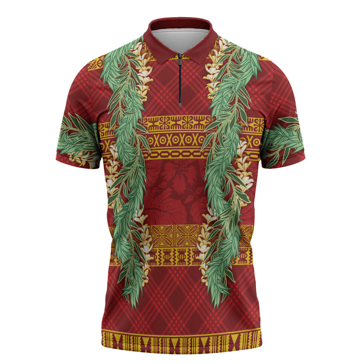 Hawai'i Paniolo Maile Twisted Lei Zipper Polo Shirt Hilo Royal Red