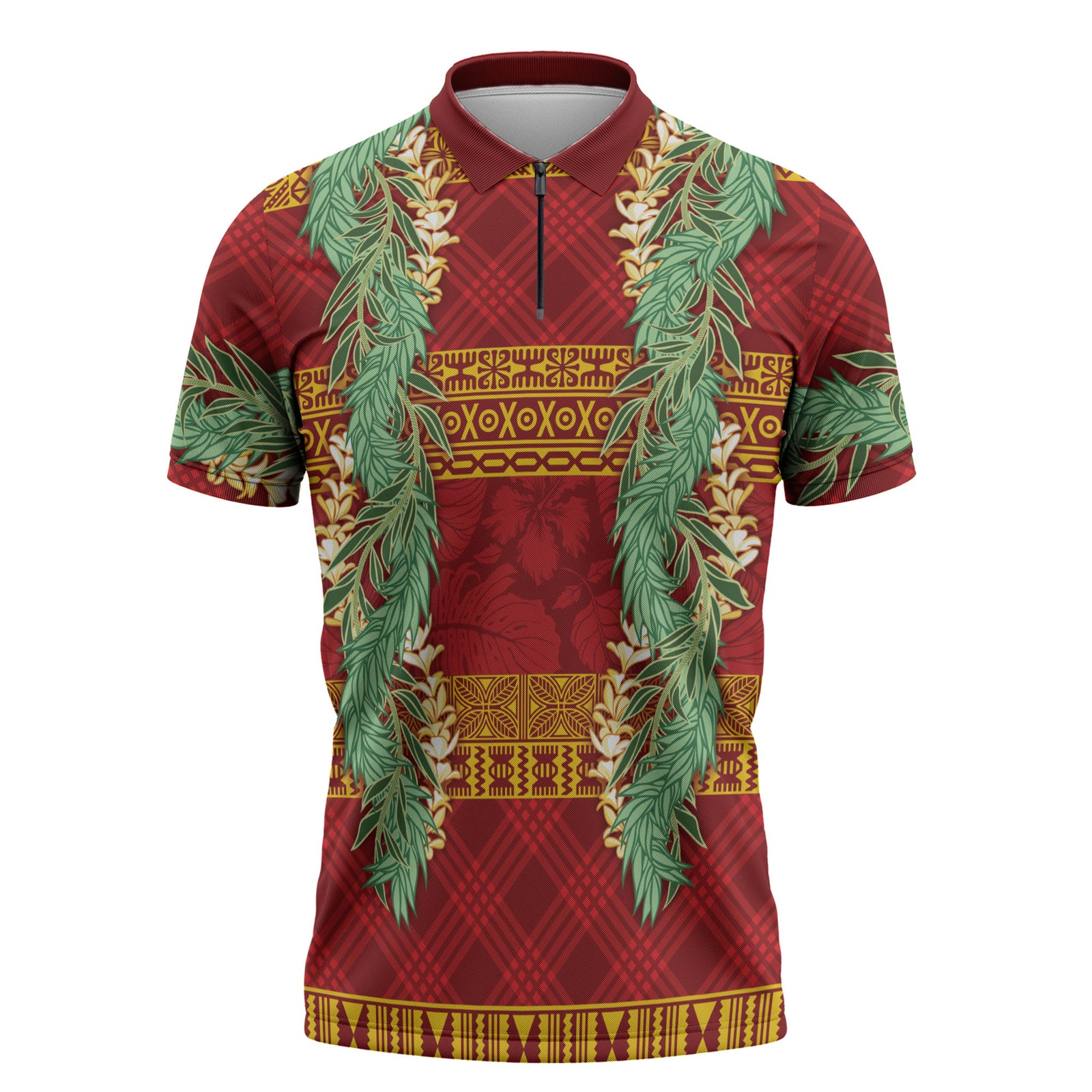 Hawai'i Paniolo Maile Twisted Lei Zipper Polo Shirt Hilo Royal Red LT7 Red - Polynesian Pride