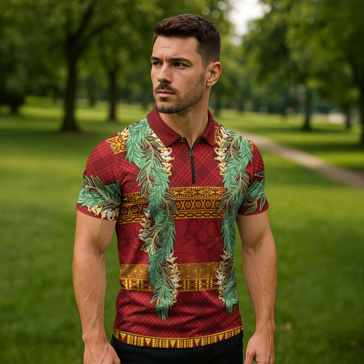Hawai'i Paniolo Maile Twisted Lei Zipper Polo Shirt Hilo Royal Red