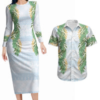 Hawai'i Paniolo Maile Twisted Lei Couples Matching Long Sleeve Bodycon Dress and Hawaiian Shirt Winter White